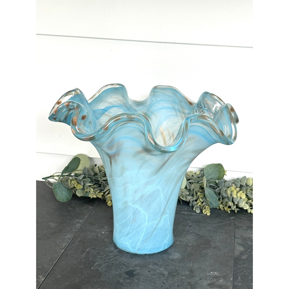 Blue Murano Art Blown Glass Vase Handkerchief Italian white Gold Swirl 11 x 14"